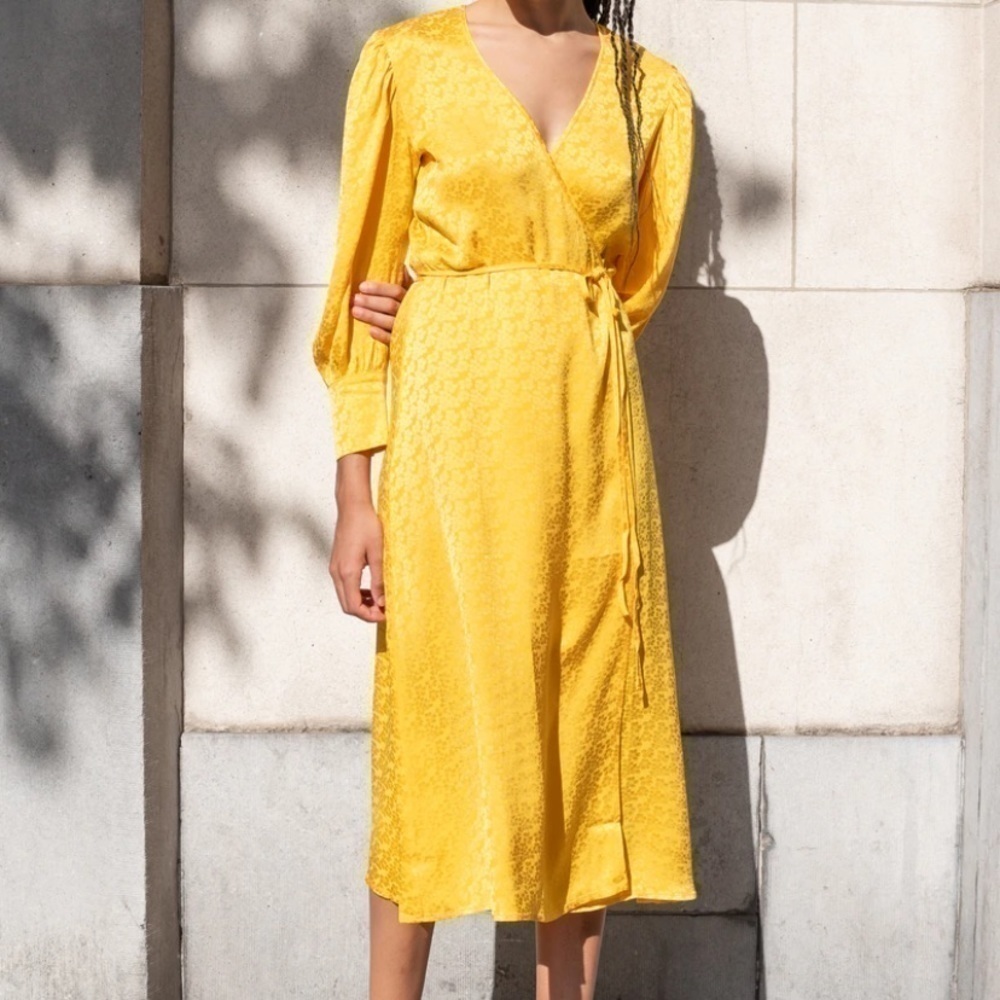 The Andamane Yellow Silk Satin Wrap Midi Dress Womens XS New